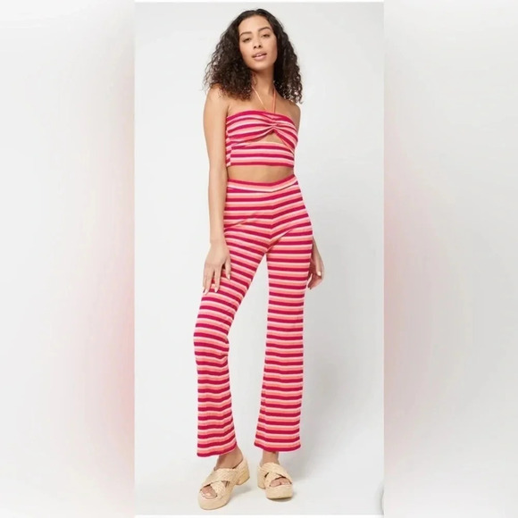 NWT L*Space Revolve Paloma Pants Pink Red Striped Flare Elastic Waist Size Small - Picture 1 of 4
